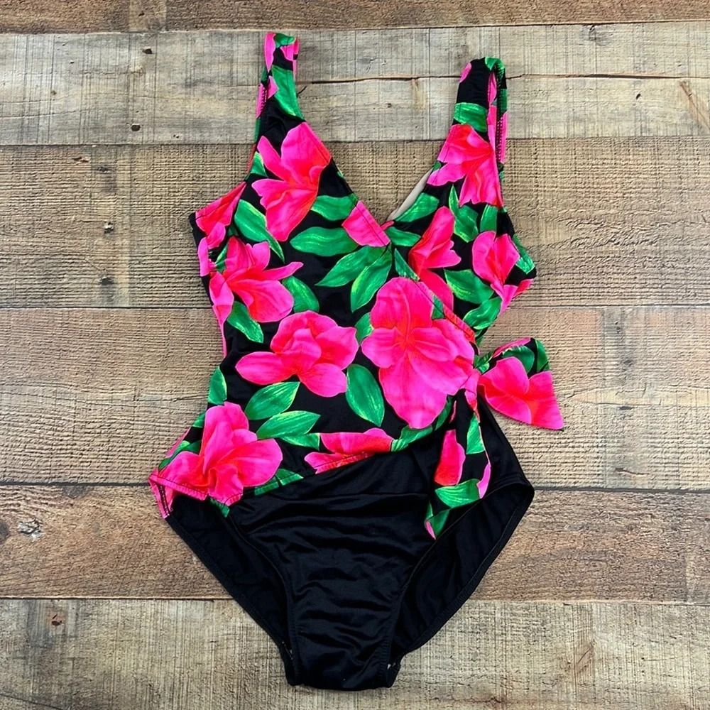 Sea Fair Vintage Pink‎ Green Floral Print Faux Wrap One Piece Swimsuit Size 9/10